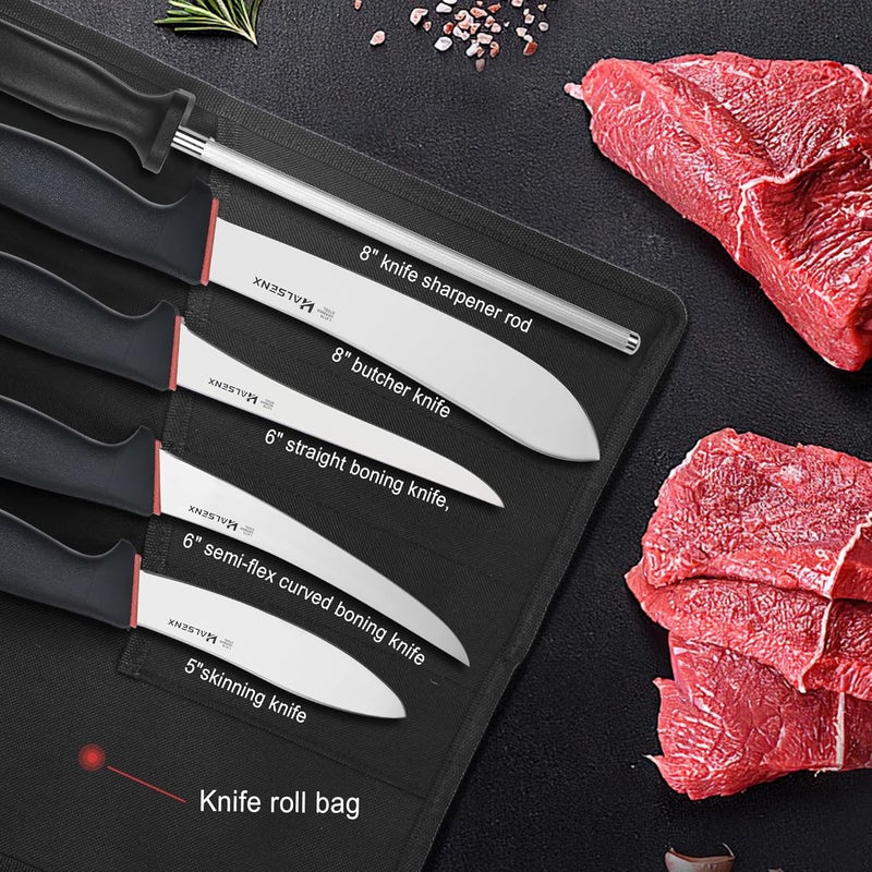 HALSENX 6PCS Professional Butcher Knife Set - 1.4116 German Steel & Softgrip, 8" Butcher, 6" Semi-Flex/Stiff Boning, 5" Skinning, 8" Sharpener Rod & Knife Roll Bag for Home Kitchen, Camping, Hunting - Image 2